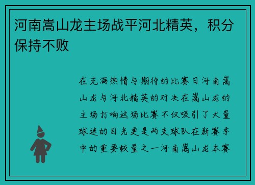 河南嵩山龙主场战平河北精英，积分保持不败