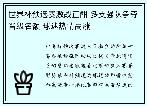 世界杯预选赛激战正酣 多支强队争夺晋级名额 球迷热情高涨
