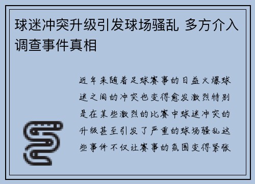 球迷冲突升级引发球场骚乱 多方介入调查事件真相