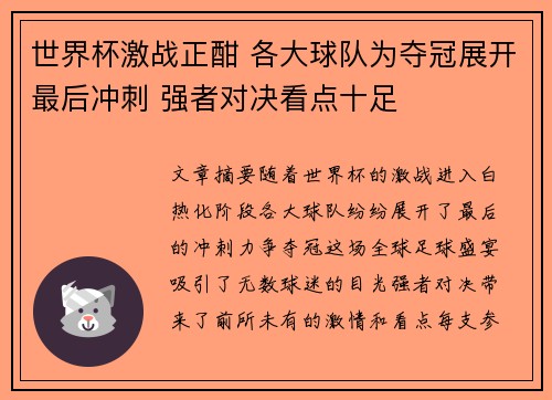 世界杯激战正酣 各大球队为夺冠展开最后冲刺 强者对决看点十足